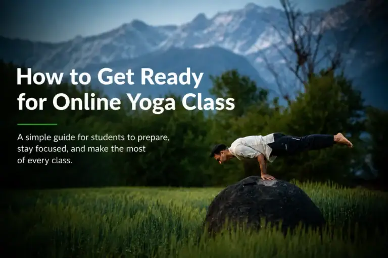 How to get ready for online Yoga Class for students Balanced yoga pose on a rock with mountain scenery, preparing for online yoga class.