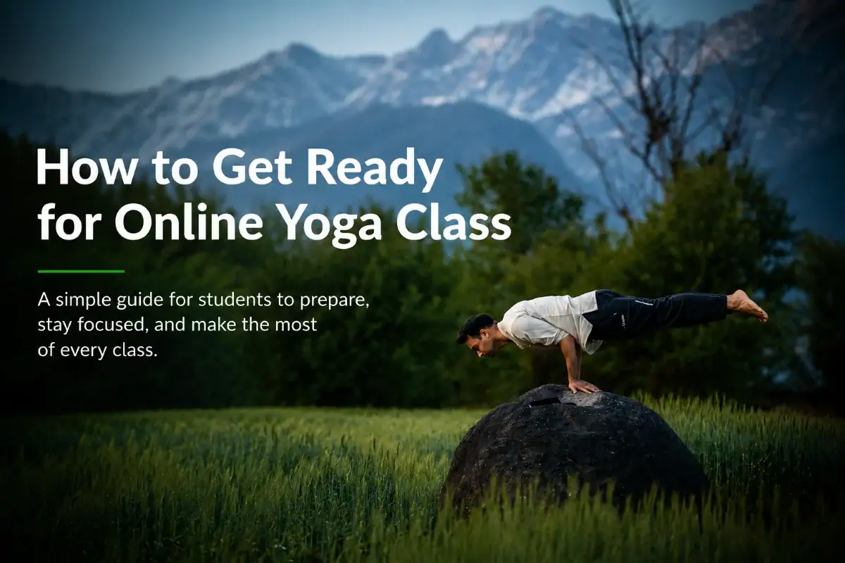 How to get ready for online Yoga Class for students Balanced yoga pose on a rock with mountain scenery, preparing for online yoga class.